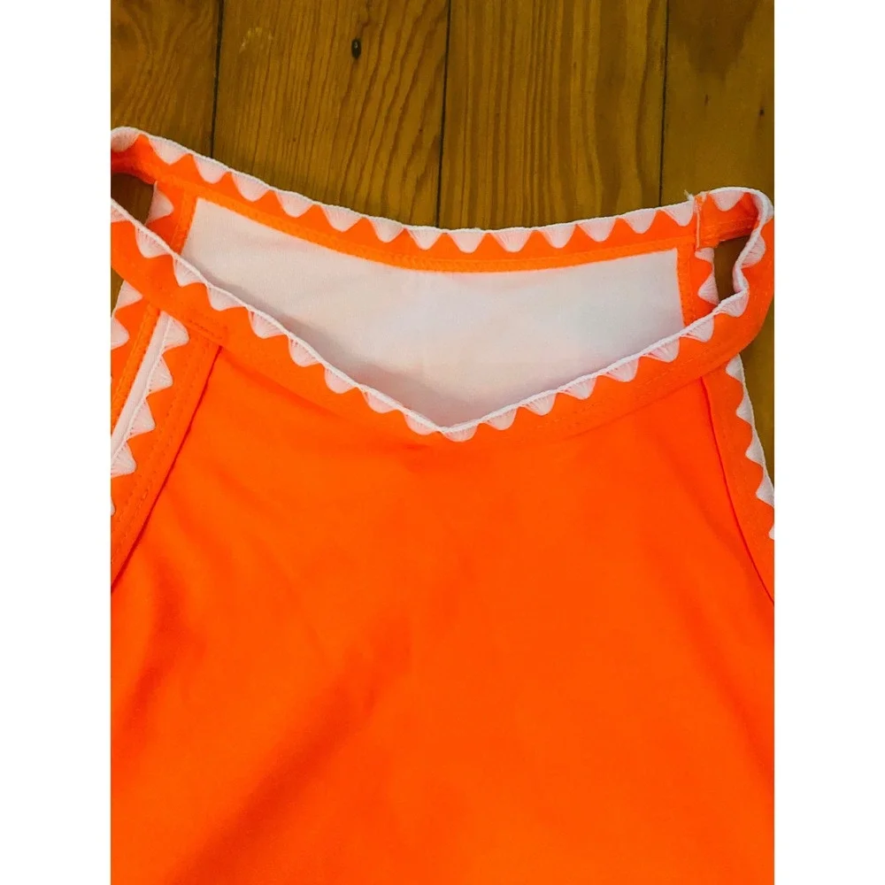 Beachsissi Womens Neon Orange Scallop Trim High Neck High Waist Bikini Set Small
